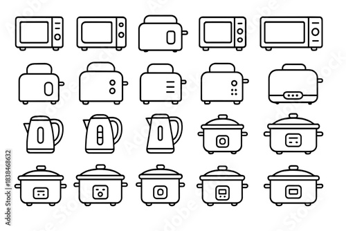 Kitchen appliances in simple line drawings arranged in a grid format showcasing various types for home cooking