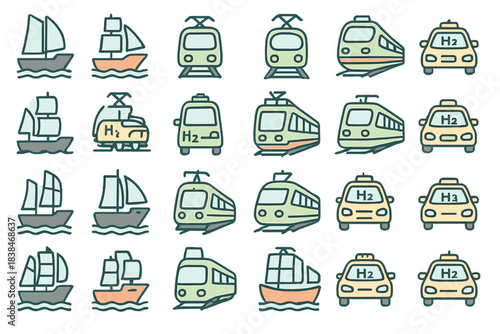 Different types of vehicles drawn in simple style including boats, trains, cars, and more in a grid layout