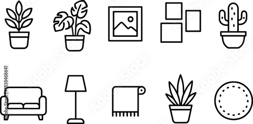 Home decor and interior elements icon set. Furniture, plants, frames, lamp, shelves outline symbols