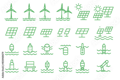 Wind turbines and solar panels on water with buoys and people engaging in activities shown in simple green drawings