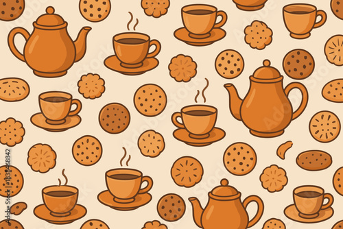 Various types of cups, cookies, and a teapot are displayed on a simple background with warm colors