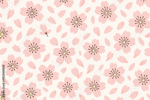 Flowers in pink and beige pattern with petals scattered on light background