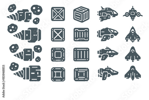 Spaceship and space object icons used for a game or digital project set in a science fiction setting