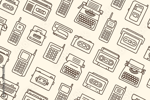 Old technology items arranged on a light background showing vintage gadgets from different time periods