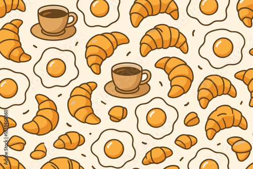 Croissants, eggs, and coffee pattern on a light background for breakfast design