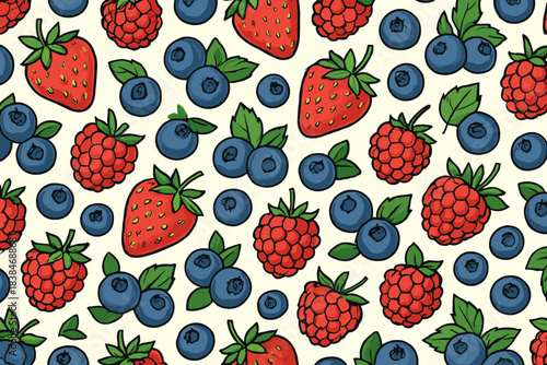 Colorful berry pattern with strawberries, blueberries, and raspberries on a light background