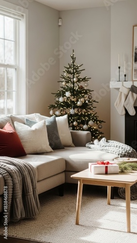 Cozy living room with a decorated christmas tree and festive holiday decor