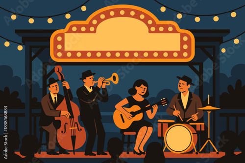 Live jazz music performance at an outdoor venue with a band and audience enjoying the show