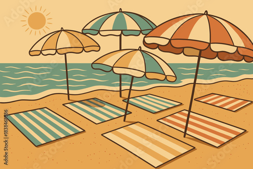 Sunny day at the beach with umbrellas and mats set up near the water