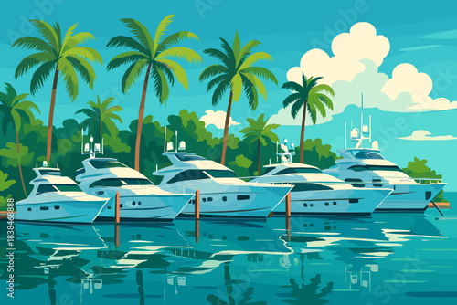 Yachts are docked at a marina surrounded by palm trees during a clear day with bright blue skies and soft clouds in the background