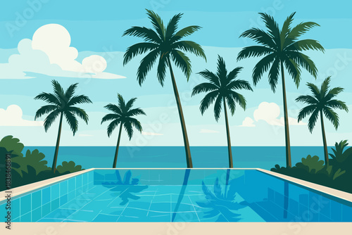 Bright day at a tropical pool with palm trees and ocean view under a blue sky