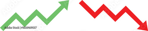 stock market trend arrows showing upward growth and downward decline with green and red indicators isolated on white background.