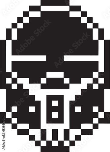 Pixel art black alien skull mask icon with strong geometric design elements
