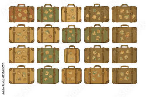 Different kinds of travel bags arranged in a pattern with various travel stickers