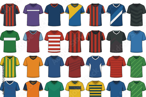 Different styles of soccer shirts arranged in rows, showcasing various colors and patterns in a sportswear collection