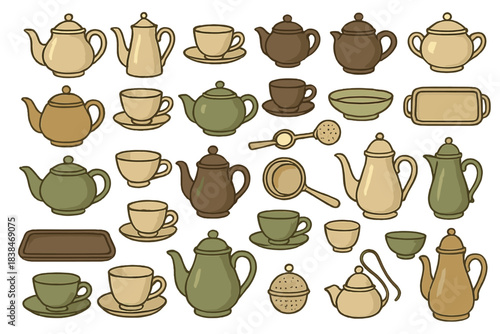 Collection of teapots and cups arranged in various styles and shapes for serving tea
