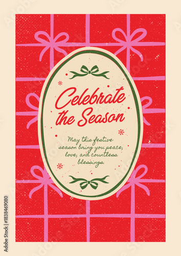 Distressed Texture Holiday Poster with Hand Drawn Wrapping Paper Background