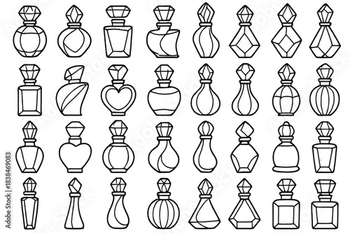 Different shapes of perfume bottles arranged in a grid design for design purposes or craft projects
