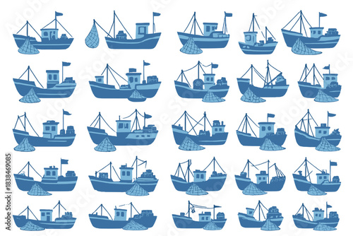 Different fishing boats in blue color on a white background showing various designs and arrangements of marine vessels