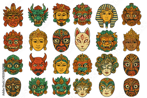 Collection of colorful masks and faces from different cultures arranged in a grid pattern showcasing unique designs and features