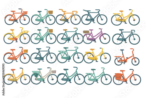 Different types of bicycles arranged in rows with various colors and designs in a simple layout