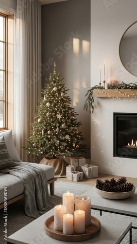 Cozy living room with a decorated christmas tree, fireplace, and candles on a coffee table
