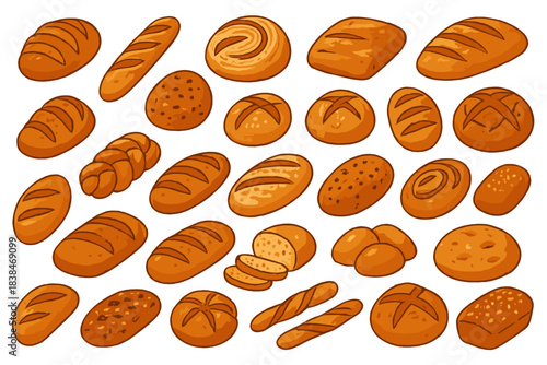 Different types of breads and baked goods arranged in a pattern on a white background with no other items visible