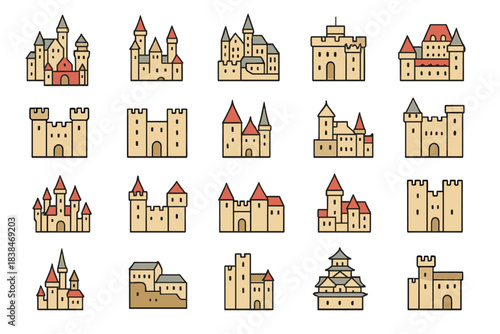 Collection of simple castle and fort designs with different structures and shapes arranged in rows
