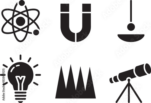 Science icons set including atom magnet balance lightbulb chart and telescope on transparent background