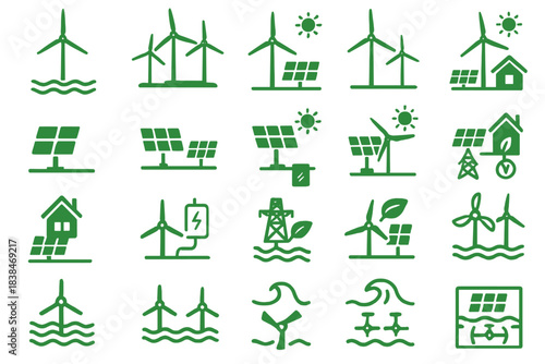 Symbols and icons showing renewable energy sources like wind, solar, and hydropower with houses and nature in a simple layout