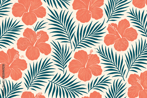 Bright hibiscus flowers with palm leaves create a tropical pattern on a light background for summer decoration