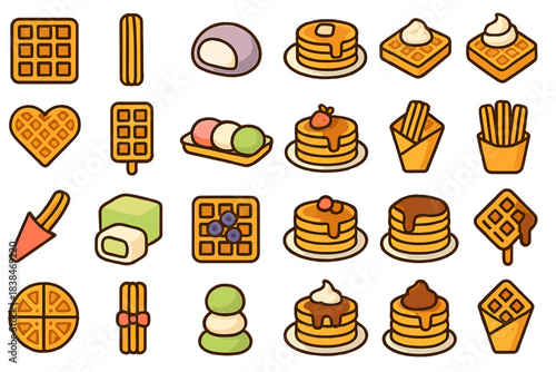 Colorful illustrations of various desserts and snacks arranged on a white background with playful designs