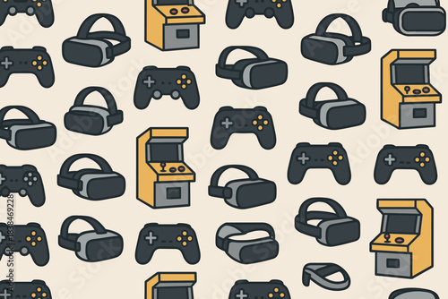Gaming items on a soft background with controllers, VR headsets, and arcade machines in a repeated pattern showing various types of gaming equipment