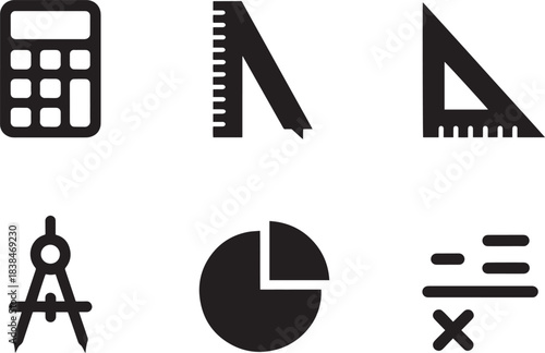 Set of black silhouette math school tools calculator ruler compass pie chart icon
