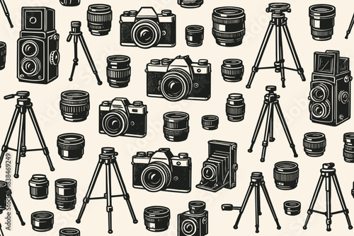 Collection of various camera types and tripods on a light background in a creative layout for photography enthusiasts