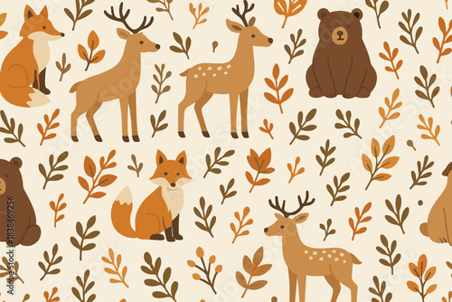 Forest animals and plants create a natural scene with deer, foxes, and a bear among leaves on a light background