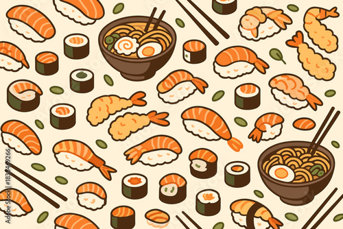 Colorful sushi and ramen pattern with various types of seafood and noodles laid out on a light background