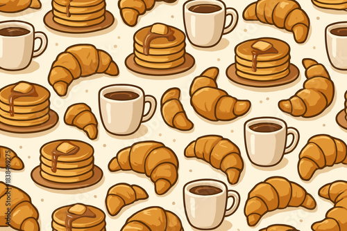 Breakfast items arranged on a light surface with pancakes, croissants, and coffee cups scattered in a fun pattern