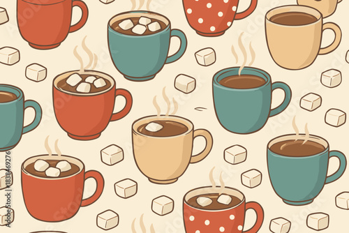 Warm drinks and marshmallows fill a cozy pattern with colorful mugs on a light background