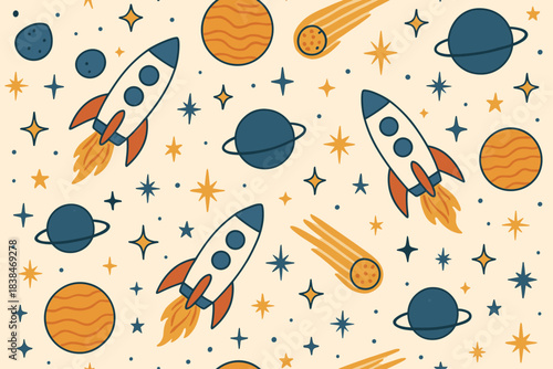 Colorful rockets and planets in a space theme design with stars on a light background