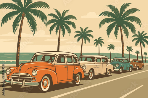 Classic cars parked along a coastal road lined with palm trees on a sunny day