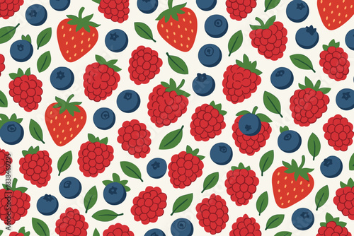 Colorful arrangement of strawberries, raspberries, and blueberries on a white background with green leaves in a repeating pattern