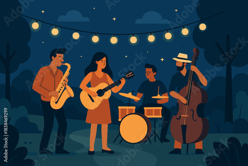 Musicians play instruments in a park under string lights at night during a gathering with friends and family