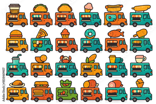 Food trucks with different types of food offering snacks and drinks in various colors and designs arranged in a fun pattern