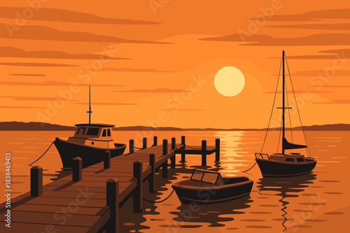 Sunset over a pier with boats on water and a warm sky during evening hours