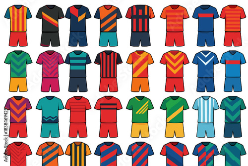 Different styles of soccer jerseys displayed in rows with various colors and patterns