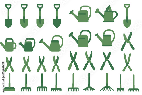 Collection of garden tools including shovels, watering cans, and pruners arranged in a repeated pattern