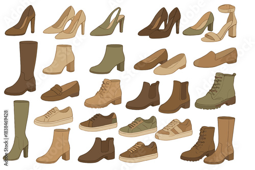 Different styles of shoes displayed on a white background showing a variety of designs and colors for various occasions
