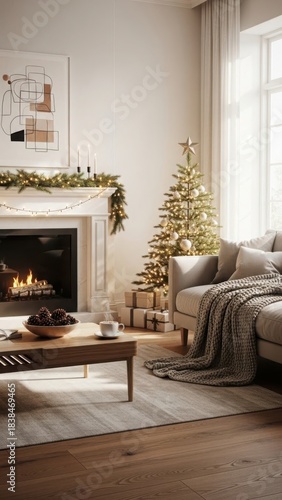 Cozy living room with a decorated christmas tree and a lit fireplace