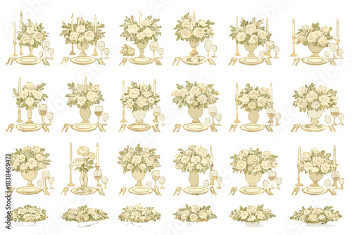 Floral arrangements with vases and table settings in different layouts for an event or gathering